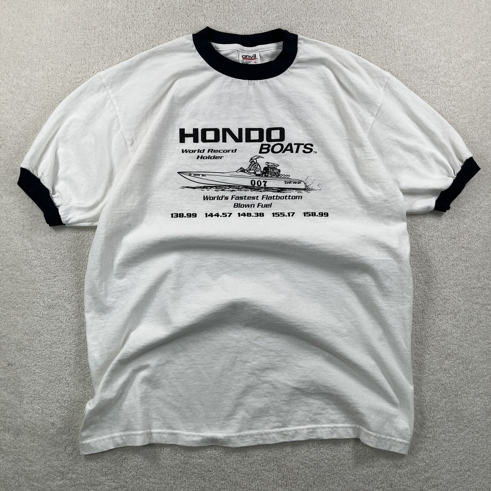 Vintage 80s 90s Anvil Hondo Boats Ringer T-shirt Men's Large Double Sided EUC